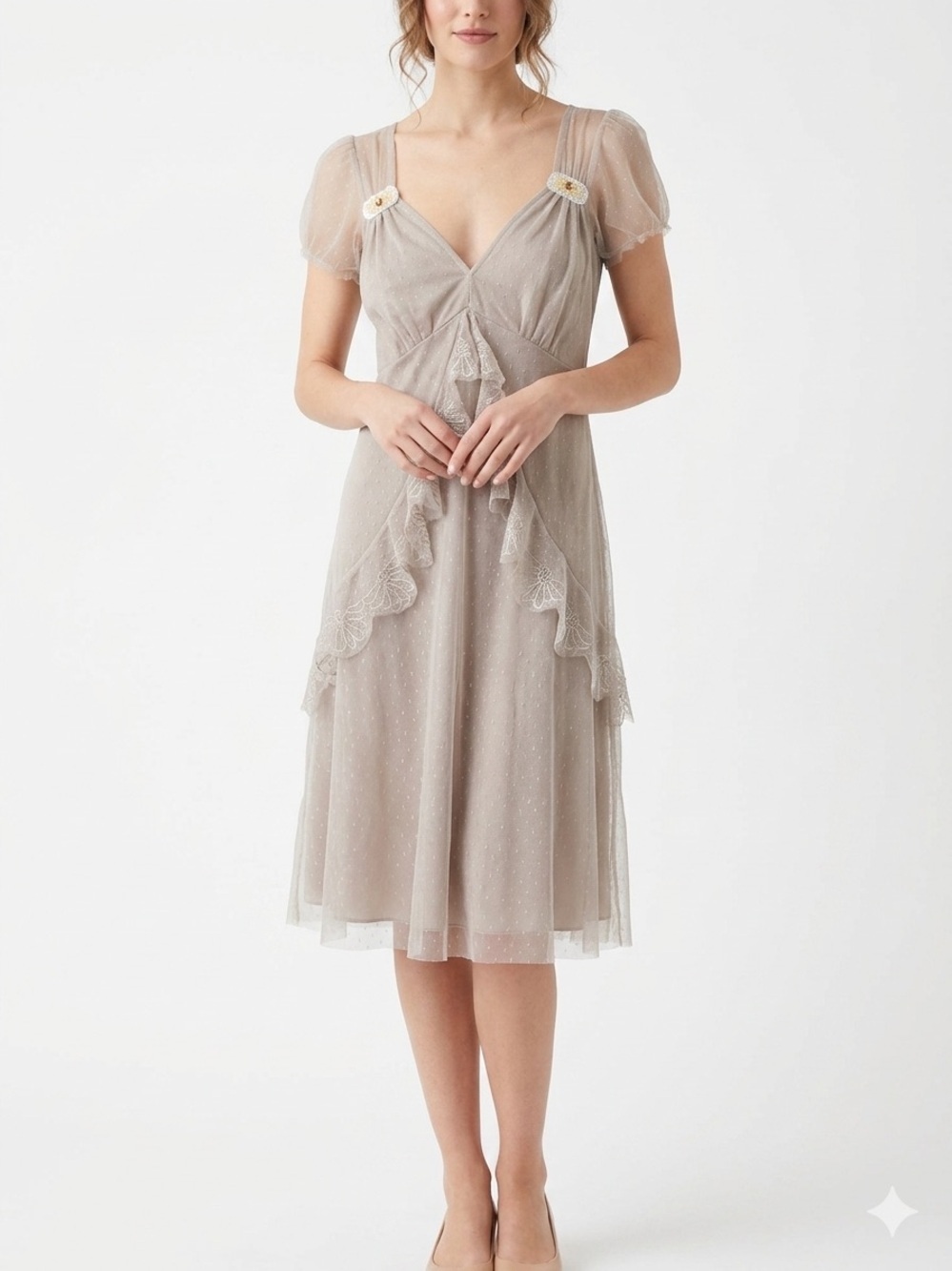 Mango Suit Fairycore Pointelle Mesh Overlay Dress Beaded Whimsigoth Size Large